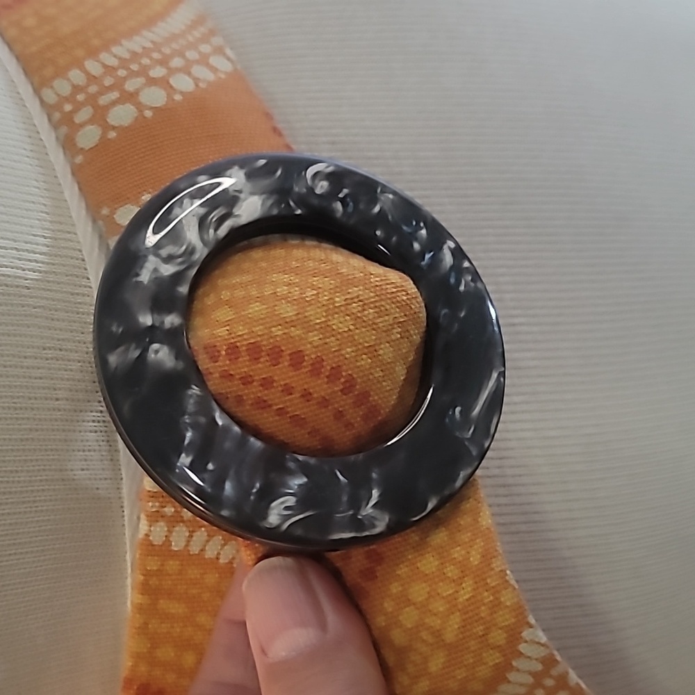 Vintage 70's belt orange geometric pattern cloth belt gray opalescent buckle